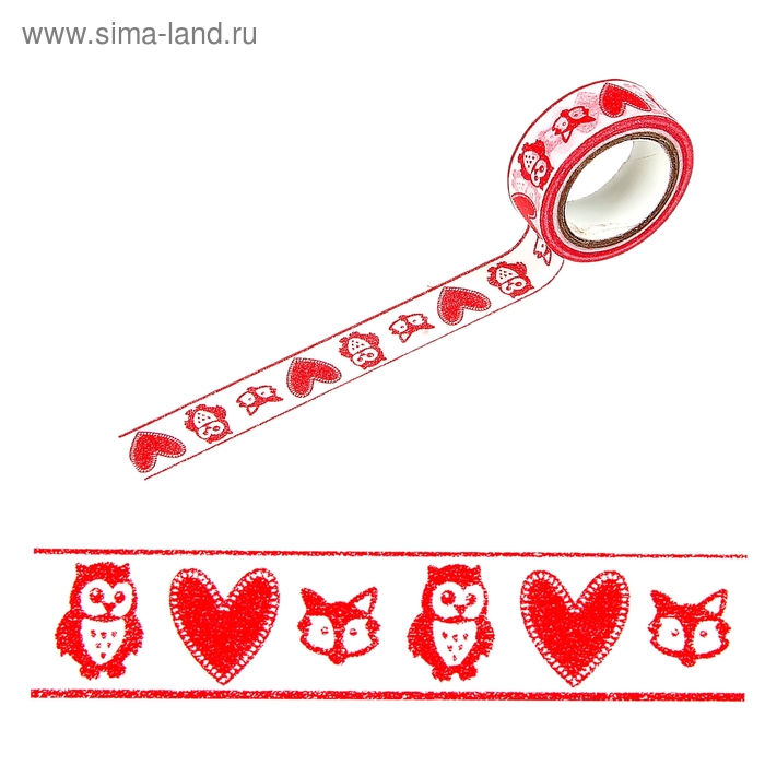 Клейкая лента декоративная бумажная "Совушка с сердечками" 1,5 см, длина 5 м - Фото 1