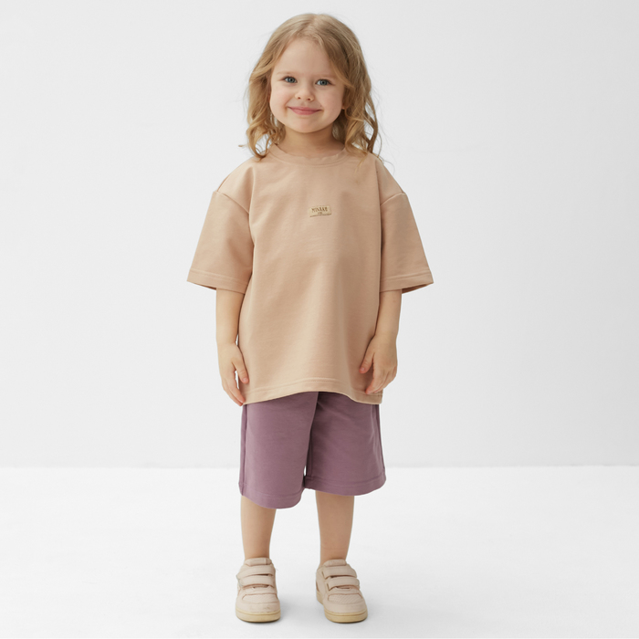 Костюм для девочки (футболка, шорты) MINAKU цвет бежевый/ пыльно-сиреневый, рост 98 см - Фото 1