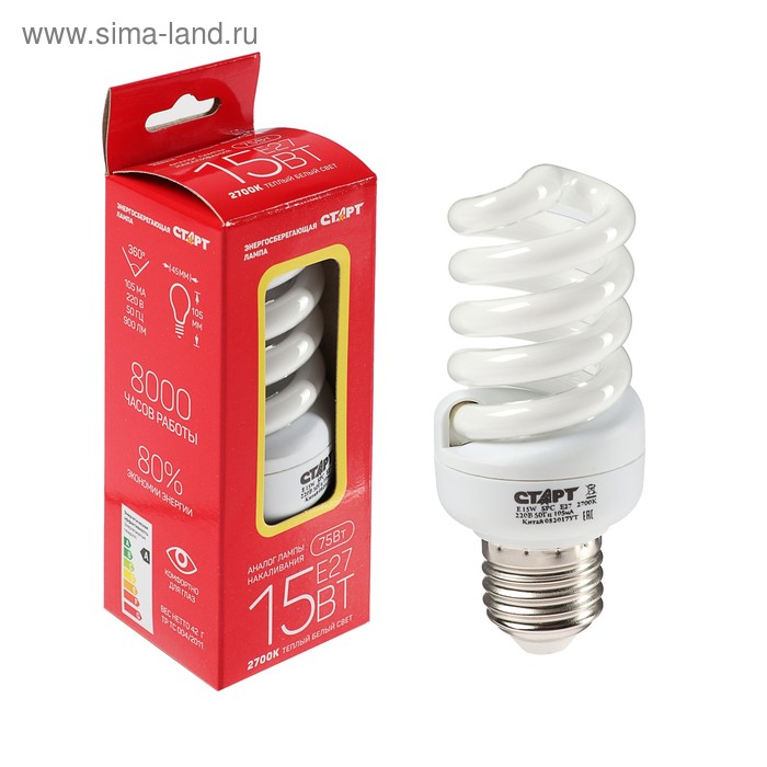 Лампа энергосберегающая "Старт", E27, 15 Вт, 2700 К, 220 В, теплый белый - Фото 1