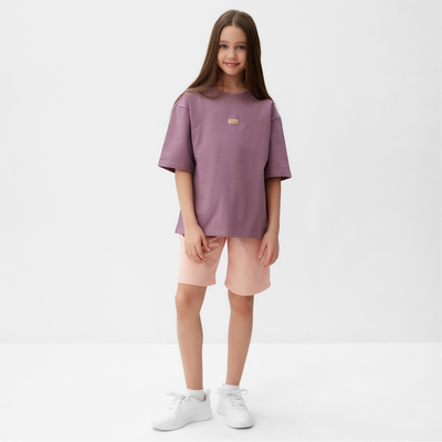 Костюм для девочки (футболка, шорты) MINAKU цвет пыльно-сиреневый/ бежевый, рост 146 см