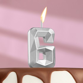 Свеча в торт на шпажке «Алмаз», цифра "6", серебряная, 4,8х2,6 см