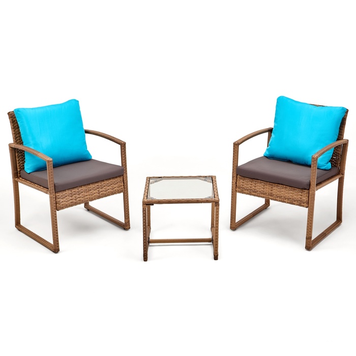 Набор садовой мебели: Стол и 2 кресла коричневого  цвета с белой подушкой