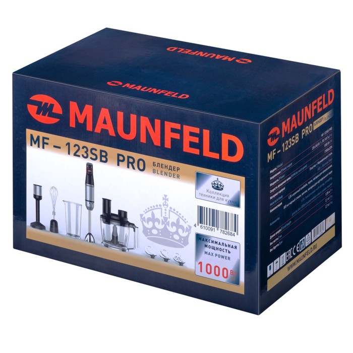 Блендер MAUNFELD MF-123SB PRO, погружной, 1000 Вт, 0.8 л, 4 скорости, 7 насадок, чёрный - фото 51340802