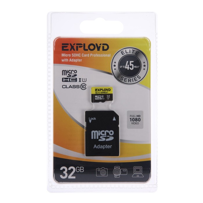 Карта памяти Exployd MicroSD, 32 Гб, SDHC, UHS-1, класс 10, 45 Мб/с, с адаптером SD