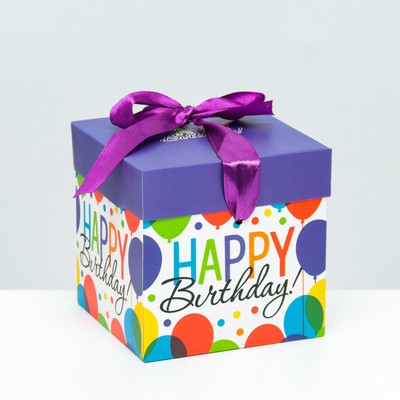 Коробка Самосборная "С днем рождения" фиолетовая 10х10х10 см