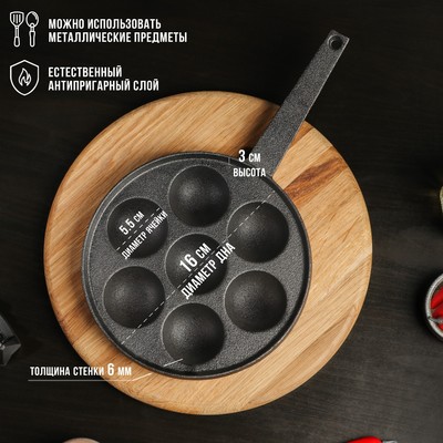 Сковорода Magma «Сферос», 7 ячеек, 20×3 см, чугун, чёрная