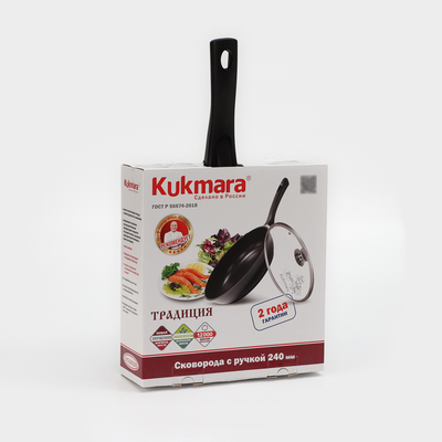 Сковорода KUKMARA «Традиция», d=24 см, h=6 см, стеклянная крышка, съёмная ручка, антипригарное покрытие, литой алюминий, чёрная