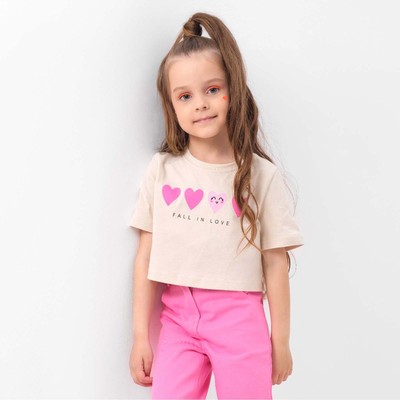 Футболка для девочки укороченная KAFTAN «Сердечки», бежевая, размер 30 (98-104 см)
