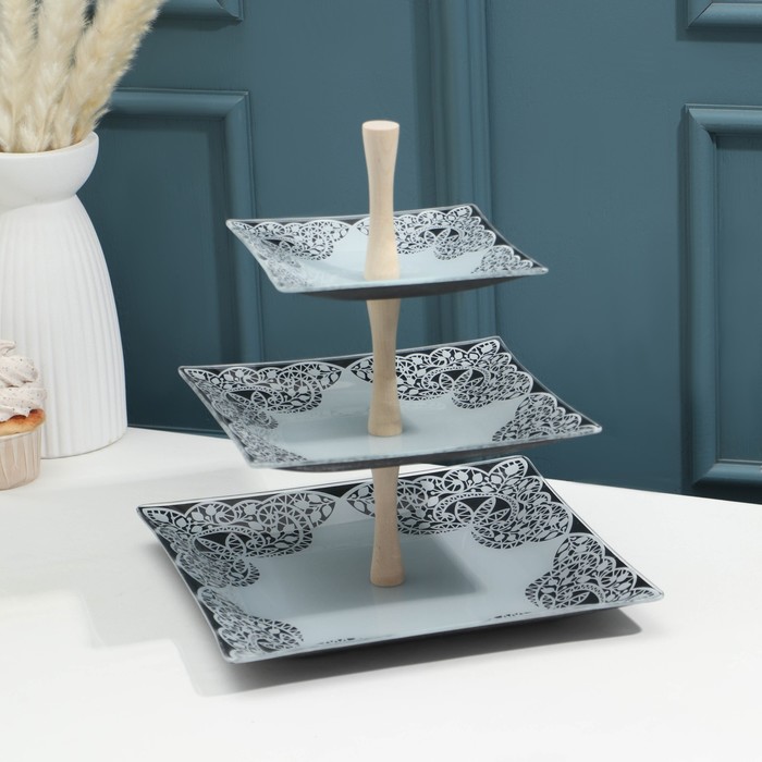 Ваза для фруктов 3-х ярусная «Кружево», цвет черно-белый - Фото 1