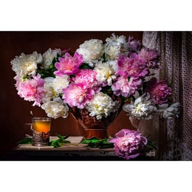 Холст с красками 30 × 40 см, по номерам «Нежные пионы и цветочный чай»