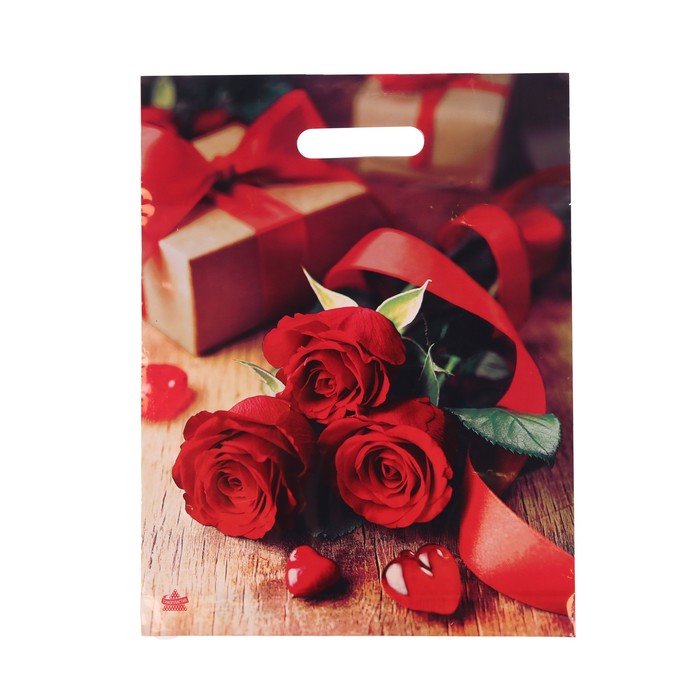 Пакет "Три красные розы" полиэтиленовый с вырубной ручкой, 31х40 см, 60 мкм - Фото 1