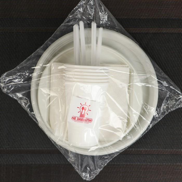 Набор белой одноразовой посуды на 6 персон «Шашлычный №3», тарелки, стаканы, ножи, вилки, салфетки, зубочистки - фото 1910686416