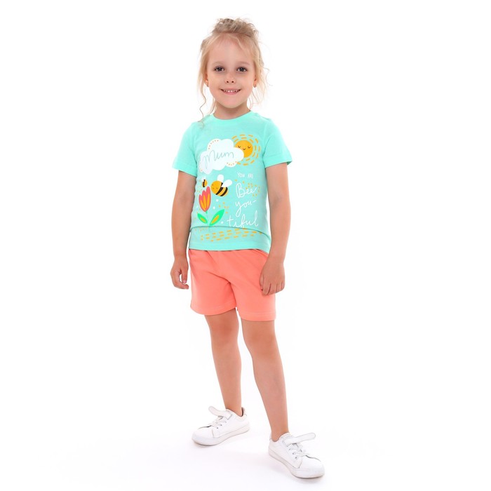 Комплект (футболка/шорты) для девочки, цвет зеленый/коралл, рост 128-134 см - Фото 1