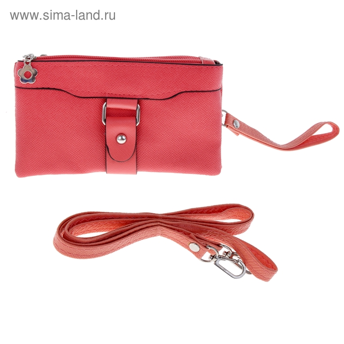 Клатч-кошелек "Корри" 2 отдела на молнии, наружный карман, ручка, длинный ремень, коралловый - Фото 1
