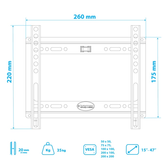Кронштейн Kromax IDEAL-5, для ТВ, фиксированный, 15-47", до 35 кг, 20 мм от стены, черный - фото 51694876