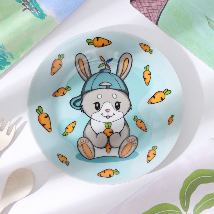 Набор детской посуды из керамики Доляна «Милый зайка», 3 предмета: кружка 230 мл, миска 400 мл, тарелка d=18 см, цвет белый - фото 1894543885