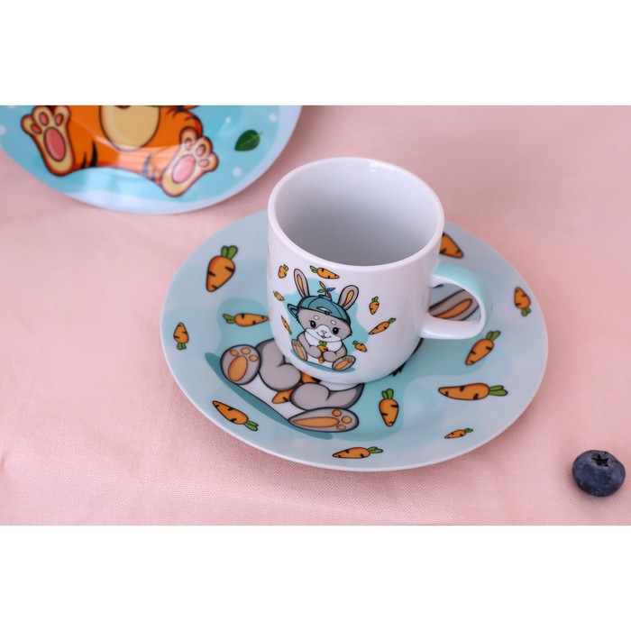 Набор детской посуды из керамики Доляна «Милый зайка», 3 предмета: кружка 230 мл, миска 400 мл, тарелка d=18 см, цвет белый - фото 1894543895