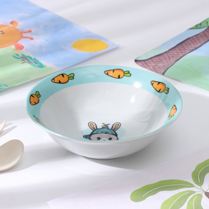 Набор детской посуды из керамики Доляна «Милый зайка», 3 предмета: кружка 230 мл, миска 400 мл, тарелка d=18 см, цвет белый - фото 1894543887