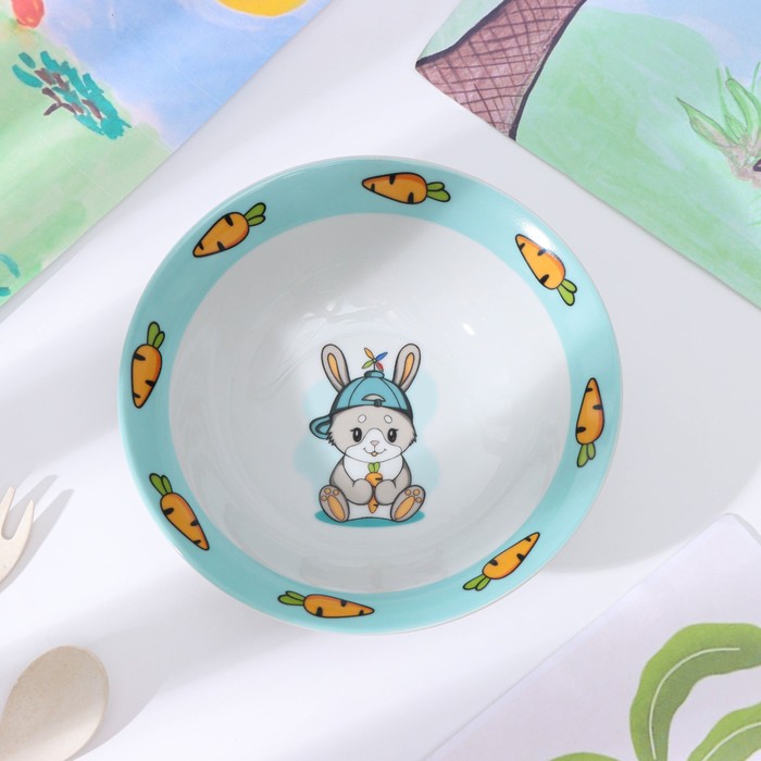 Набор детской посуды из керамики Доляна «Милый зайка», 3 предмета: кружка 230 мл, миска 400 мл, тарелка d=18 см, цвет белый - фото 1894543888