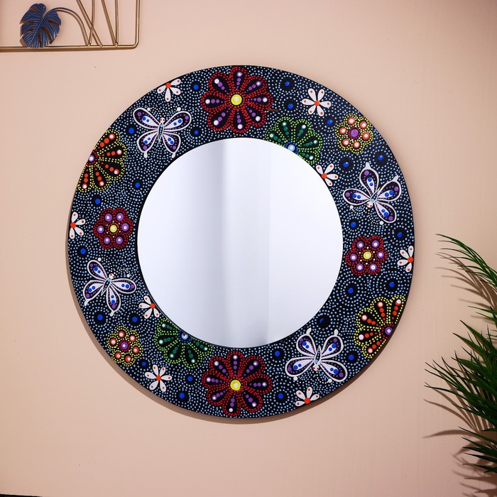 Зеркало, 60 см, дерево, синее с цветами - Фото 1