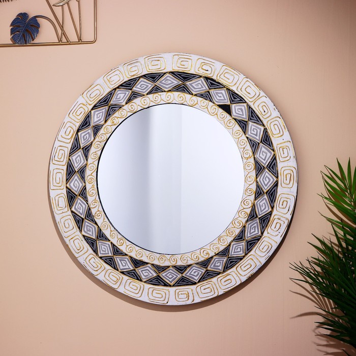 Зеркало, 60 см, дерево, бело-чёрное с орнаментом - Фото 1