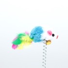 Дразнилка "Мышь на присоске", искусственный мех с цветными перьями,24 см, мышь синяя/белая - фото 6972962