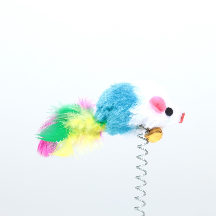 Дразнилка "Мышь на присоске", искусственный мех с цветными перьями,24 см, мышь синяя/белая