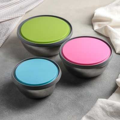 УЦЕНКА Набор салатников из нержавеющей стали с крышками «Яркая сталь», 3 шт: d=12 см, d=14 см, d=16 см, 800 мл, 600 мл, 400 мл, цвет МИКС