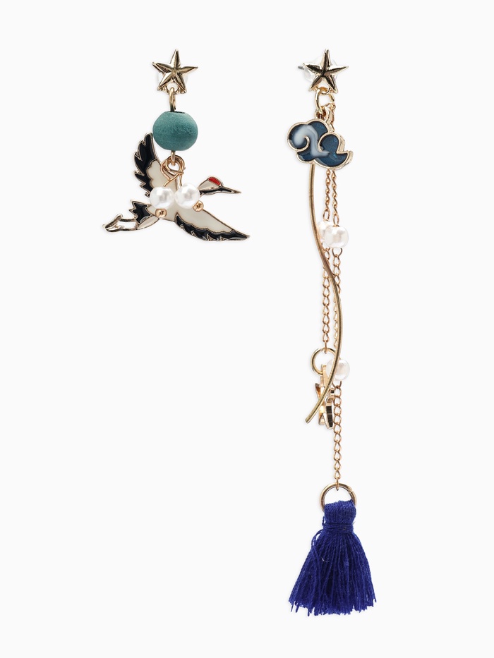 Серьги с жемчугом «Япония», аист и звёзды, цветные в золоте - Фото 1