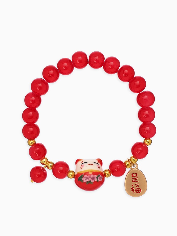 Браслет из бусин «Япония. Кошечка нэко», L=16 см, красный в золоте - Фото 1