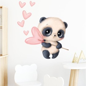 Наклейка пластик интерьерная цветная "Малыш панды с сердечком на палочке" 30х60 см