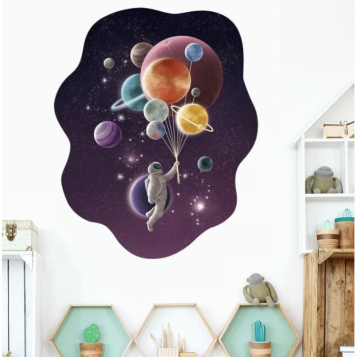 Наклейка пластик интерьерная цветная "Космонавт с планетами-шарами" 30х45 см - фото 1907757398