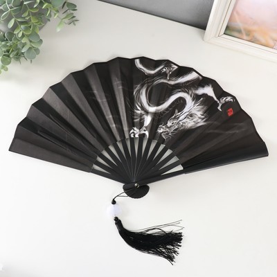 Веер складной h=27 см «Китайский дракон», чёрный, с кисточкой