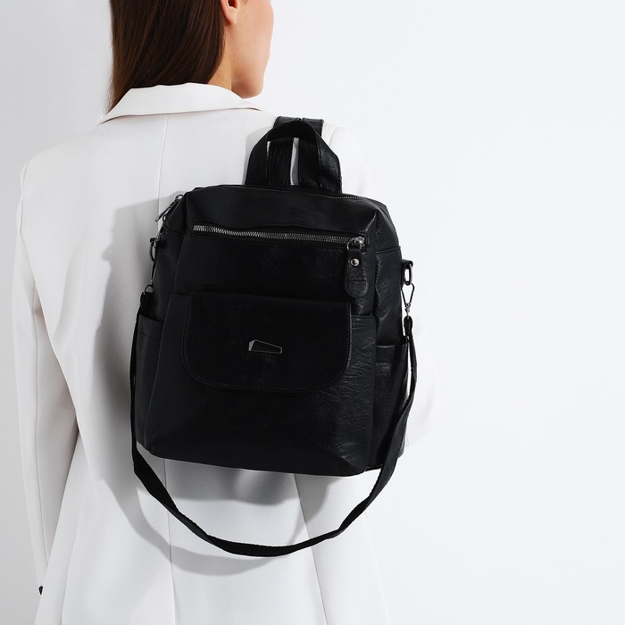 Рюкзак женский из искусственной кожи на молнии, 2 кармана, цвет чёрный - Фото 1