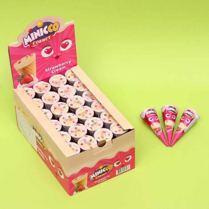 Вафельный рожок Minicco Cornet Strawberry молочный шоколад Клубника, 25 г - Фото 1