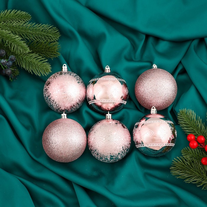 Набор шаров пластик d-8 см, 6 шт "Ночка" орнамент, розовый - Фото 1