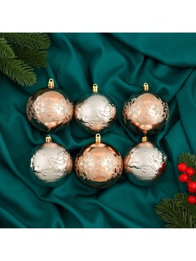 Ёлочные игрушки «Ночка», шары новогодние, d=8 см, набор 6 шт., цветы люкс, золотистый