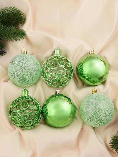 Ёлочные игрушки «Эстер», снежинки, шары новогодние, набор 6 шт., d=8 см, зелёный