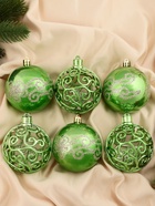 Ёлочные игрушки «Эстер», шары новогодние, набор d=8 см, 6 шт., узор, зелёный - Фото 1