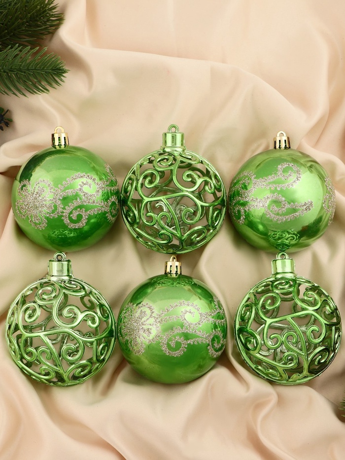 Ёлочные игрушки «Эстер», шары новогодние, набор d=8 см, 6 шт., узор, зелёный - Фото 1