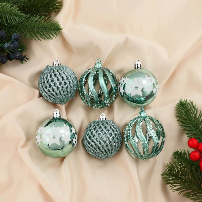 Ёлочные игрушки «Эстер», шары новогодние, набор 6 шт., d=6 см, зелёный - Фото 1