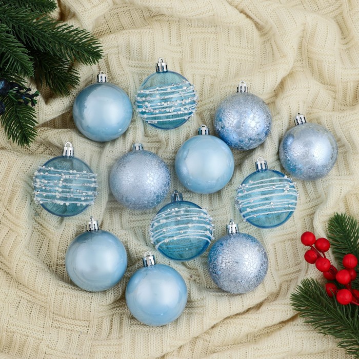 Ёлочные игрушки «Сказочные узоры», шары новогодние, d=6 см, набор 12 шт., орбита, голубой - Фото 1