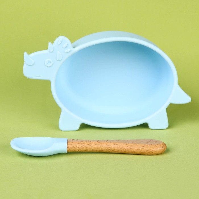 Набор детской посуды для кормения из силикона «Динозаврик»: миска на присоске, ложка, цвет голубой