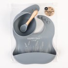 Детская посуда в наборе M&B: нагрудник, тарелка на присоске, ложка, силикон, серый - Фото 6