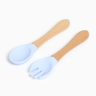 Набор детский столовых приборов, вилка и ложка, бамбук, силикон, цвет голубой - фото 25496857