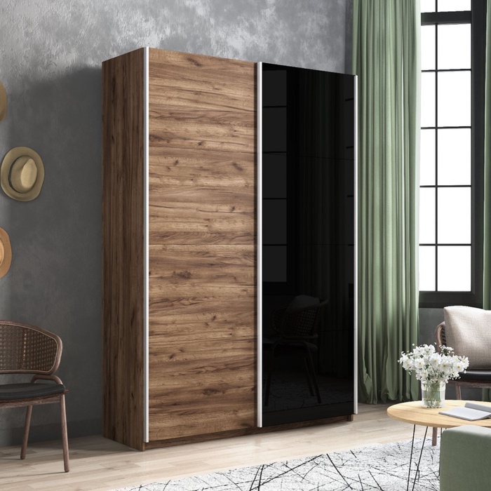 Шкаф-купе «Прайм», 1400×570×2300 мм, ЛДСП / чёрное стекло, цвет дуб табачный - Фото 1