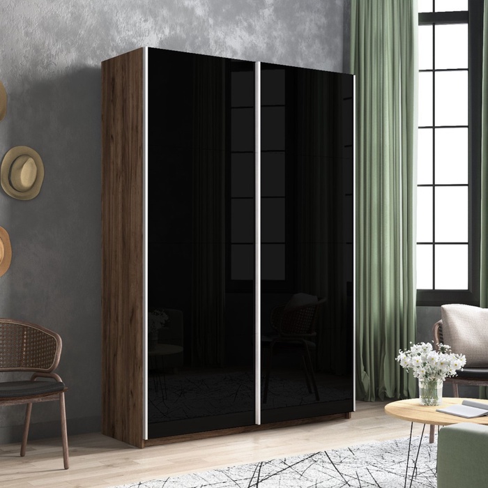 Шкаф-купе «Прайм», 1400×570×2300 мм, чёрное стекло, цвет дуб табачный - Фото 1