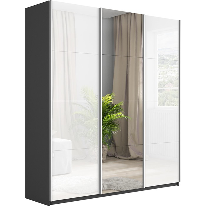 Шкаф-купе «Прайм», 2100×570×2300 мм, 3-х дверный, 2 белых стекла / зеркало, серый диамант - Фото 1