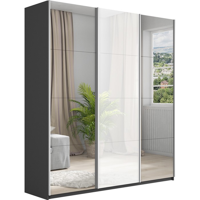 Шкаф-купе «Прайм», 1800×570×2300 мм, 3-х дверный, 2 зеркала / белое стекло, серый диамант - Фото 1