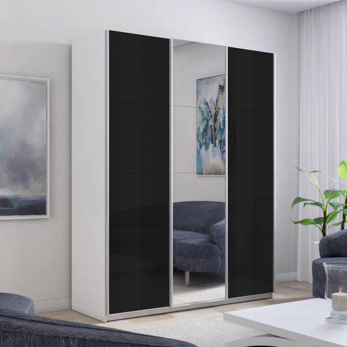 Шкаф-купе «Прайм», 2100×570×2300 мм, 3-х дверный, 2 чёрных стекла / зеркало, белый снег - Фото 1